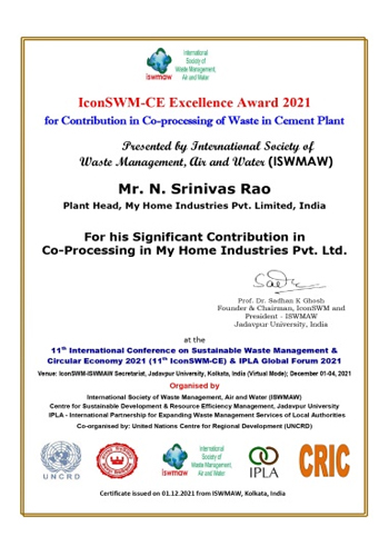 Maha Cement - Awards - IconSWM-CE Excellence Award 2021 from International Society of Waste Management Air and Water